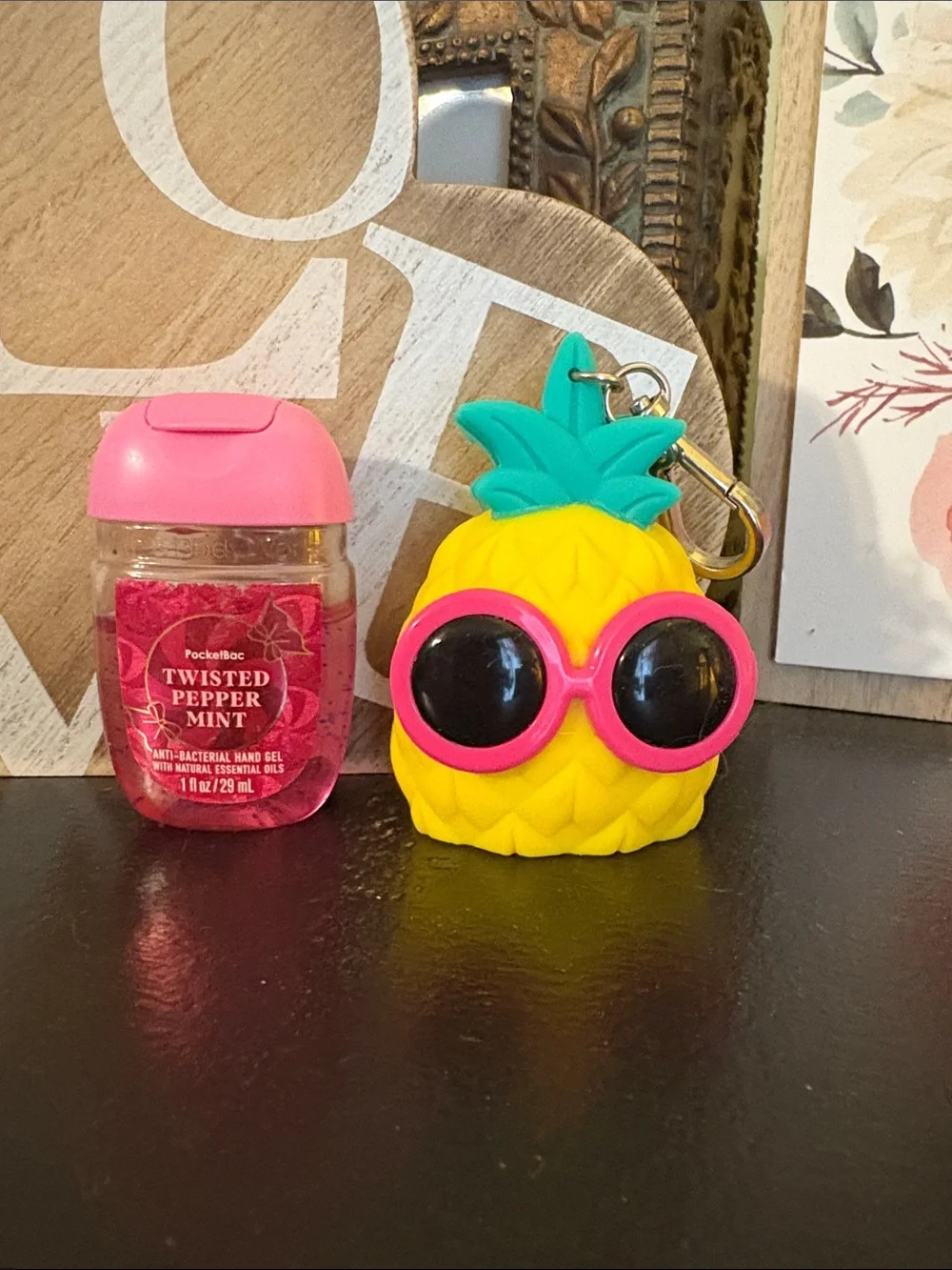 BBW Yellow Pineapple Keychain sanitizer Holder with Pink Sunglasses